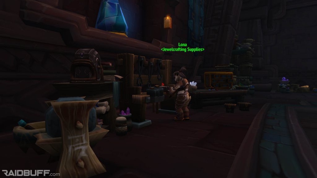 An image of Lona, the Jewelcrafting Supplies vendor, within the Hall of Glimmers in Dazar'alor