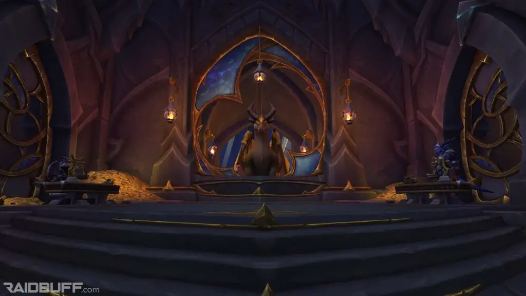 An image of the inside of the Valdrakken Bank, the Valdrakken Treasury Hoard, showing the three bankers.